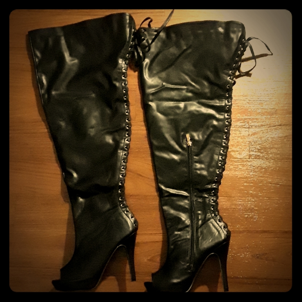 Peep toe back lacing thigh high boots